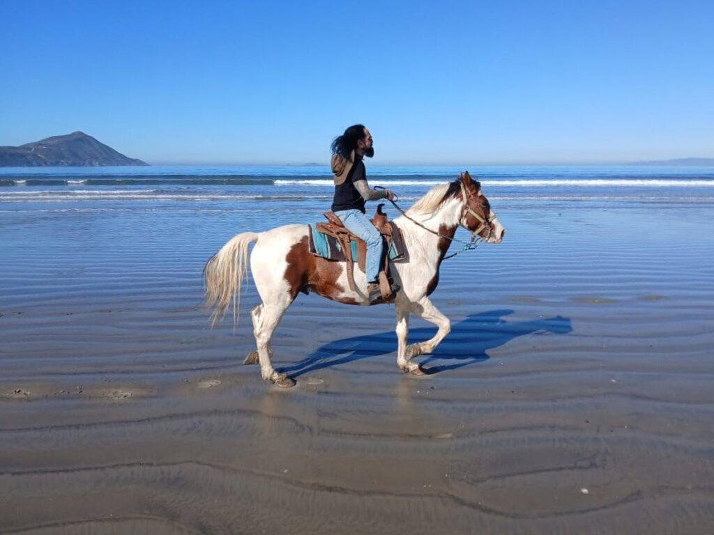 A man rides a white and brown horse on a shallow beach shore, his reflection and shadow showing in the wet sand.